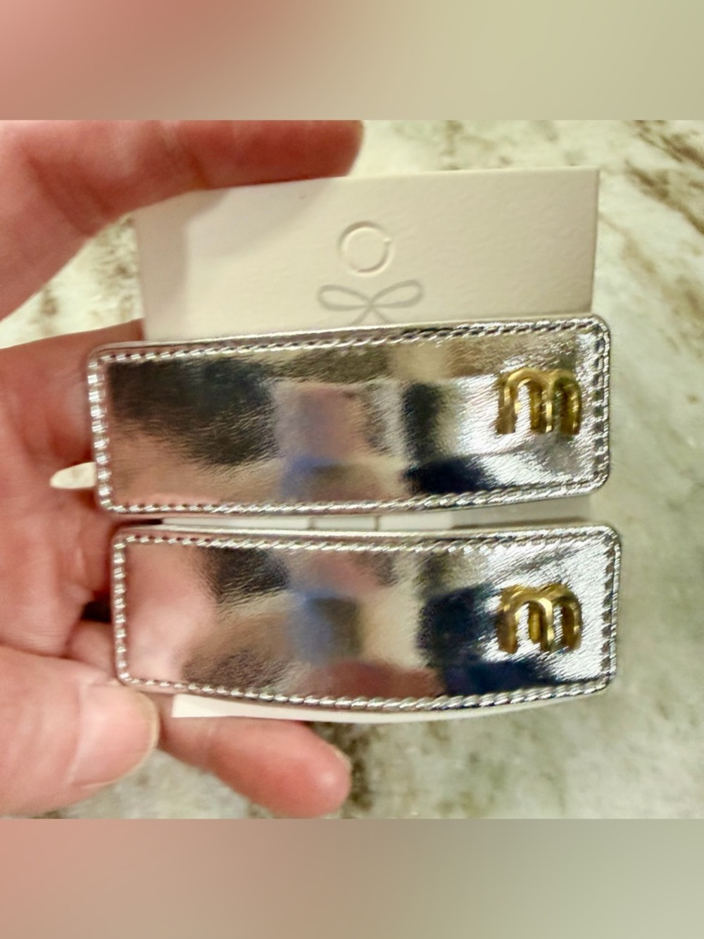 One Pair of Mui Mui Silver w Gold ‘M’ Hair Barrettes. NEW in SEALED Plastic Bag